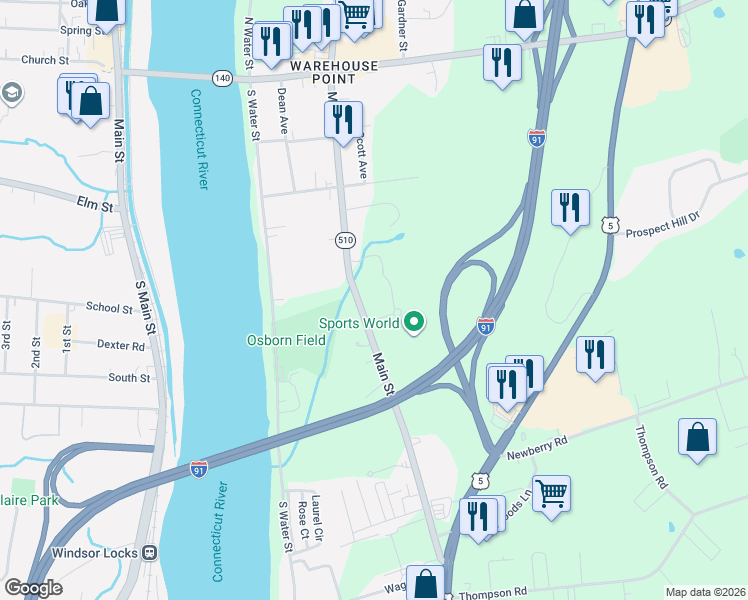 map of restaurants, bars, coffee shops, grocery stores, and more near 216 Main Street in East Windsor