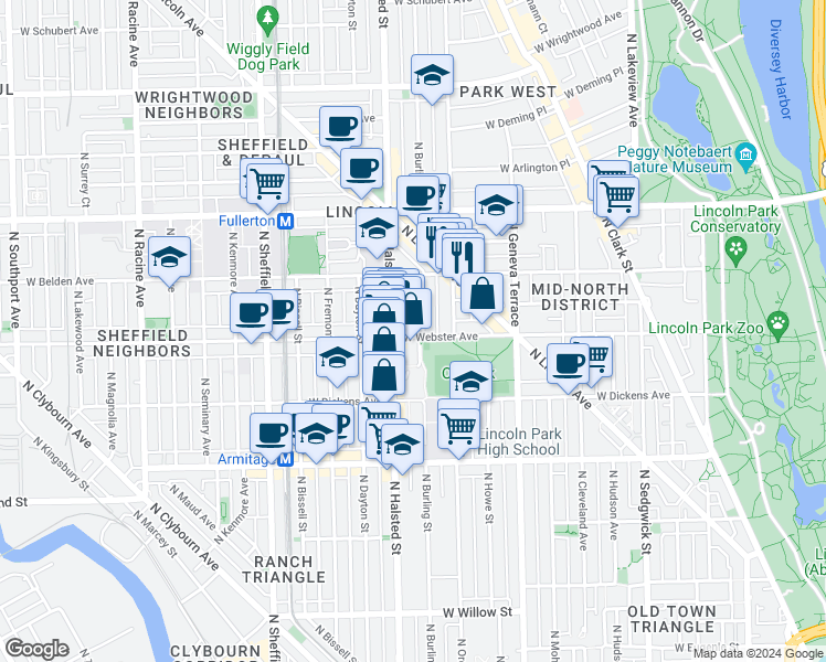 map of restaurants, bars, coffee shops, grocery stores, and more near 2145 North Halsted Street in Chicago