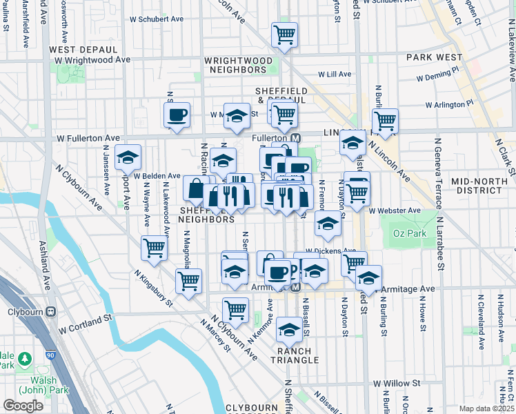 map of restaurants, bars, coffee shops, grocery stores, and more near 1048 West Webster Avenue in Chicago