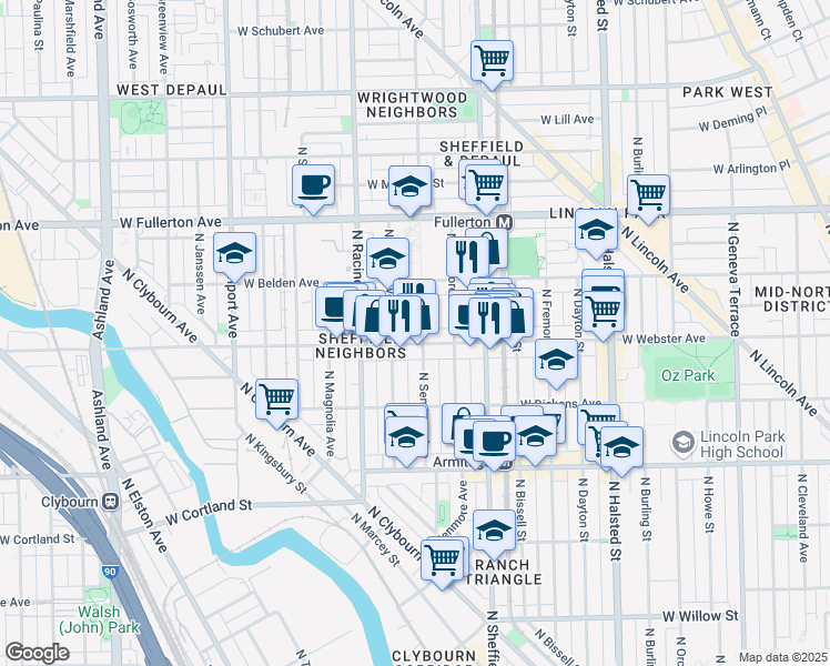 map of restaurants, bars, coffee shops, grocery stores, and more near 1048 West Webster Avenue in Chicago