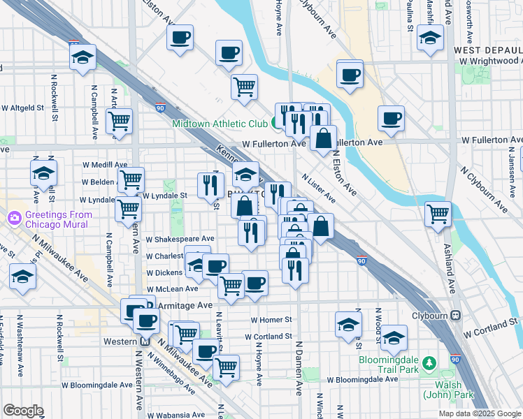 map of restaurants, bars, coffee shops, grocery stores, and more near 2218 North Seeley Avenue in Chicago