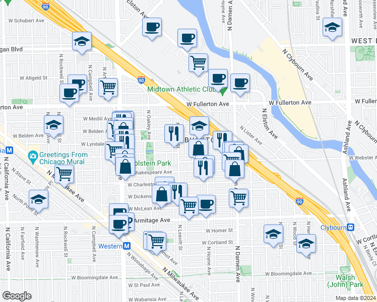 map of restaurants, bars, coffee shops, grocery stores, and more near 2221 North Leavitt Street in Chicago