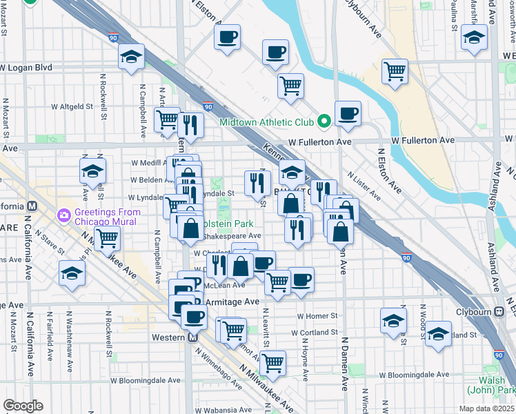 map of restaurants, bars, coffee shops, grocery stores, and more near 2221 North Leavitt Street in Chicago