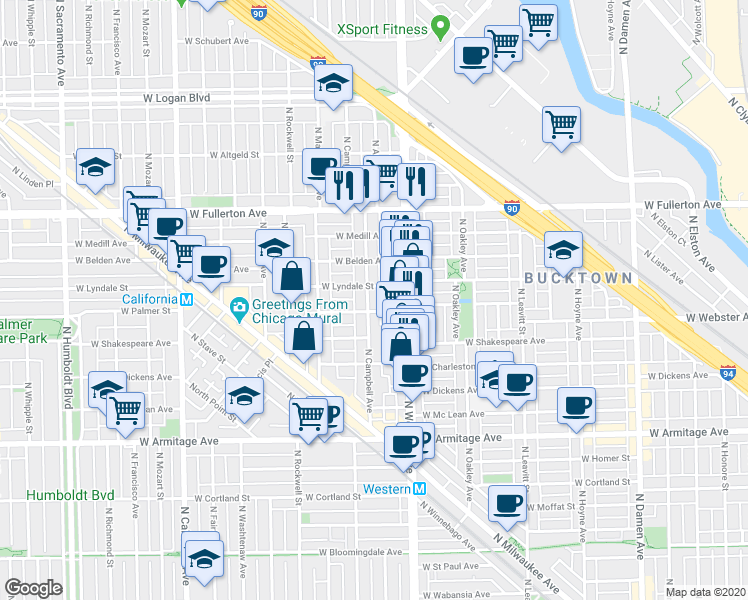 map of restaurants, bars, coffee shops, grocery stores, and more near 2424 West Palmer Street in Chicago