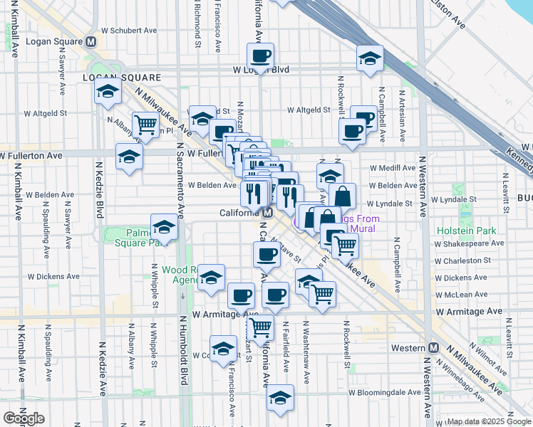 map of restaurants, bars, coffee shops, grocery stores, and more near 2204 North California Avenue in Chicago