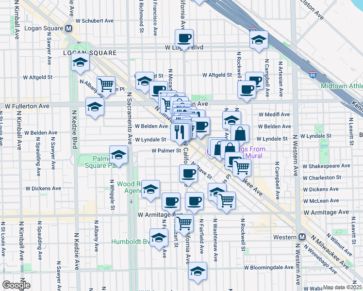 map of restaurants, bars, coffee shops, grocery stores, and more near 2204 North California Avenue in Chicago