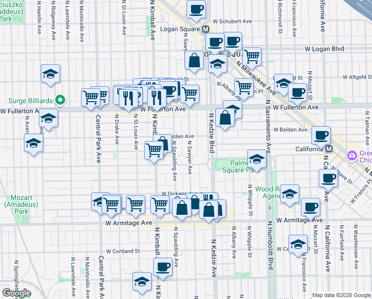 map of restaurants, bars, coffee shops, grocery stores, and more near 2228 North Sawyer Avenue in Chicago