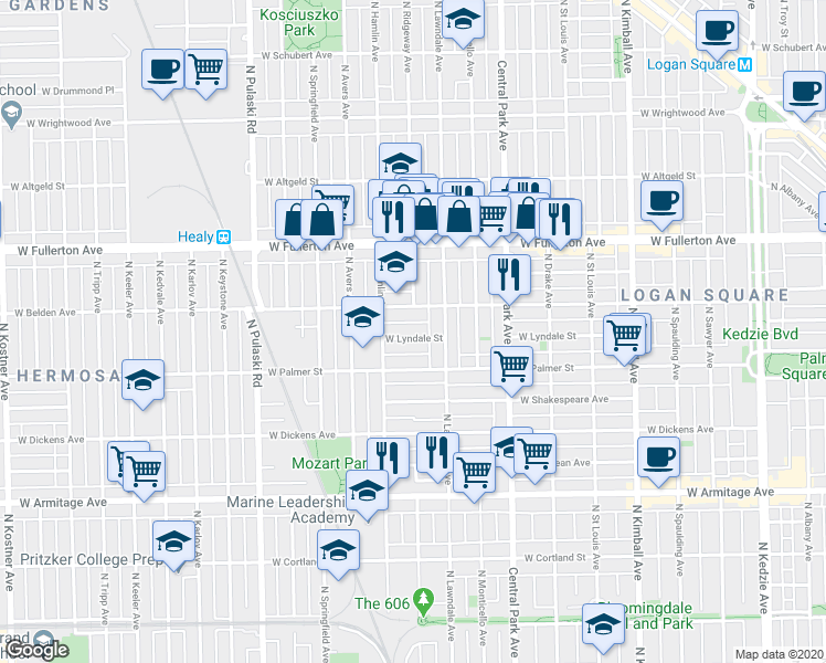 map of restaurants, bars, coffee shops, grocery stores, and more near 3714 West Lyndale Street in Chicago