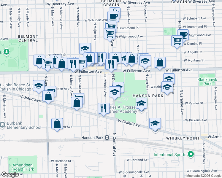map of restaurants, bars, coffee shops, grocery stores, and more near 2258 North Central Avenue in Chicago