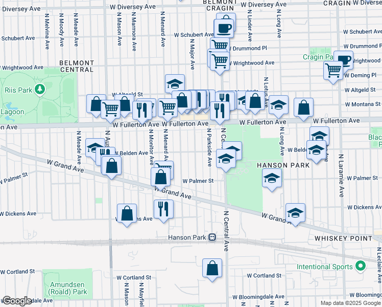 map of restaurants, bars, coffee shops, grocery stores, and more near 2257 North Major Avenue in Chicago