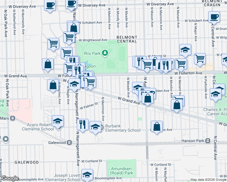 map of restaurants, bars, coffee shops, grocery stores, and more near 2305 North Melvina Avenue in Chicago