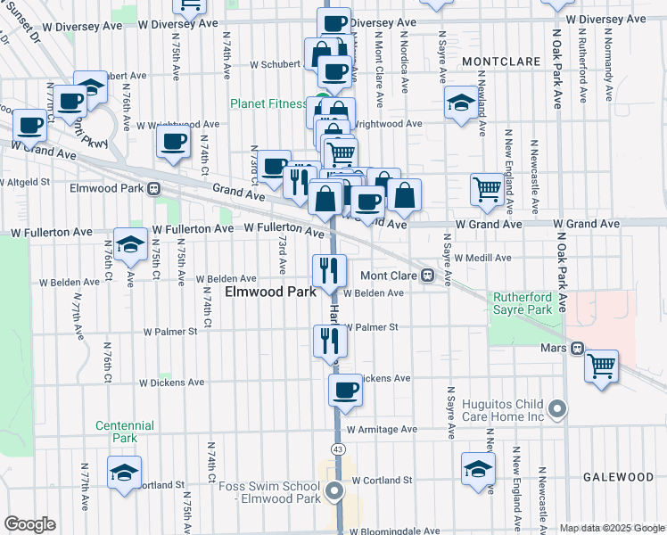 map of restaurants, bars, coffee shops, grocery stores, and more near 2333 North Harlem Avenue in Chicago