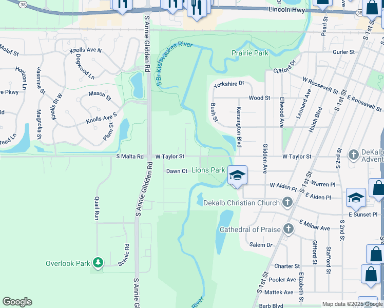 map of restaurants, bars, coffee shops, grocery stores, and more near 825 West Taylor Street in DeKalb