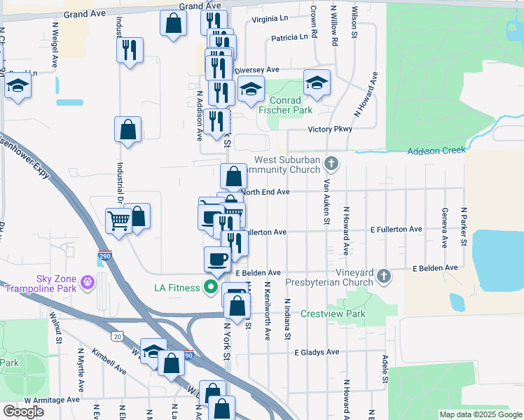 map of restaurants, bars, coffee shops, grocery stores, and more near 764 North Kenilworth Avenue in Elmhurst