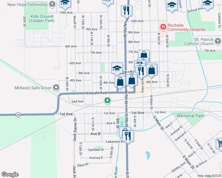 map of restaurants, bars, coffee shops, grocery stores, and more near 308 North 9th Street in Rochelle