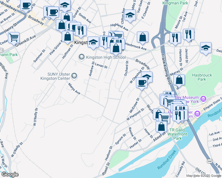 map of restaurants, bars, coffee shops, grocery stores, and more near 106 West Chester Street in Kingston