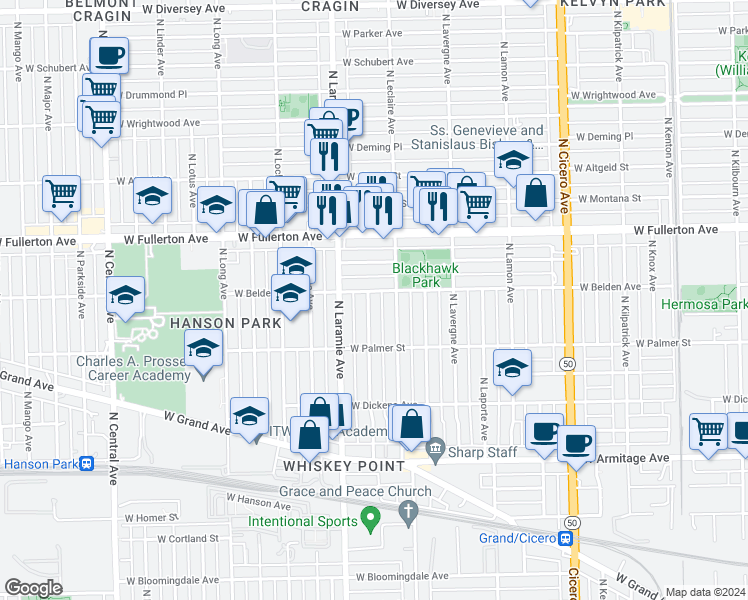 map of restaurants, bars, coffee shops, grocery stores, and more near 2253 North Leamington Avenue in Chicago