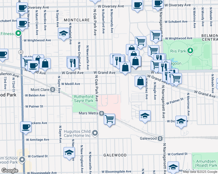 map of restaurants, bars, coffee shops, grocery stores, and more near 2327 North Rutherford Avenue in Chicago