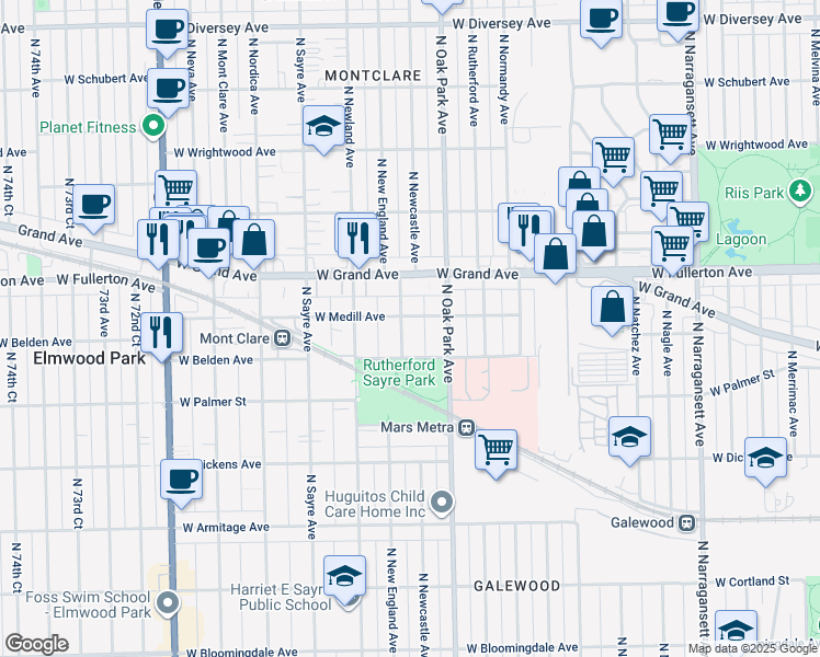 map of restaurants, bars, coffee shops, grocery stores, and more near 2327 North Newcastle Avenue in Chicago