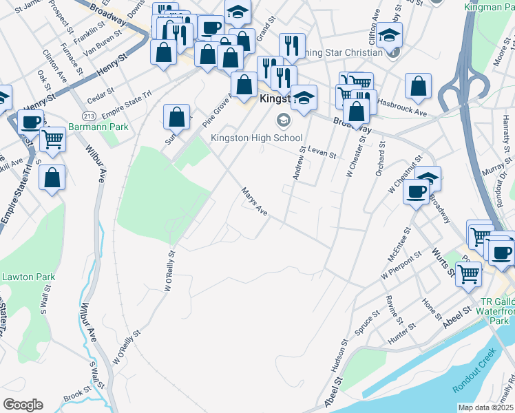 map of restaurants, bars, coffee shops, grocery stores, and more near 94 Marys Avenue in Kingston