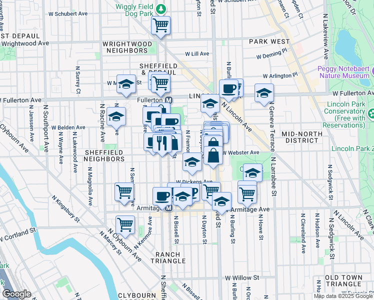 map of restaurants, bars, coffee shops, grocery stores, and more near 2200 North Fremont Street in Chicago
