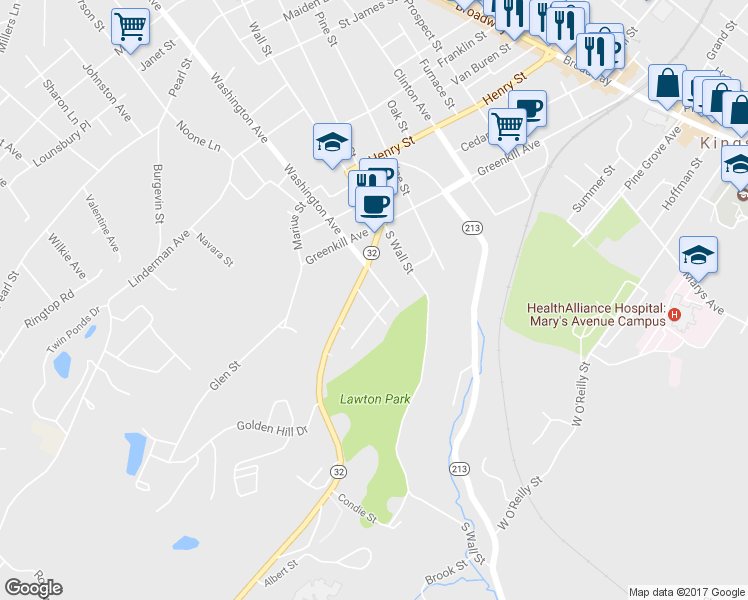 map of restaurants, bars, coffee shops, grocery stores, and more near 17 Klingberg Avenue in Kingston