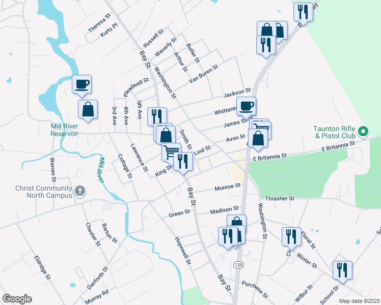 map of restaurants, bars, coffee shops, grocery stores, and more near 2 Smith Street in Taunton