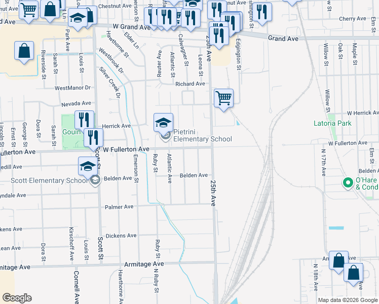 map of restaurants, bars, coffee shops, grocery stores, and more near 9675 West Fullerton Avenue in Melrose Park
