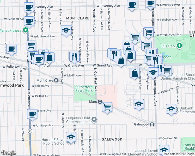map of restaurants, bars, coffee shops, grocery stores, and more near 2327 North Oak Park Avenue in Chicago