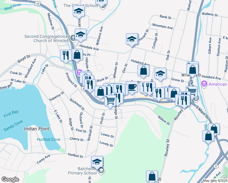 map of restaurants, bars, coffee shops, grocery stores, and more near 45 Elm Street in Winsted