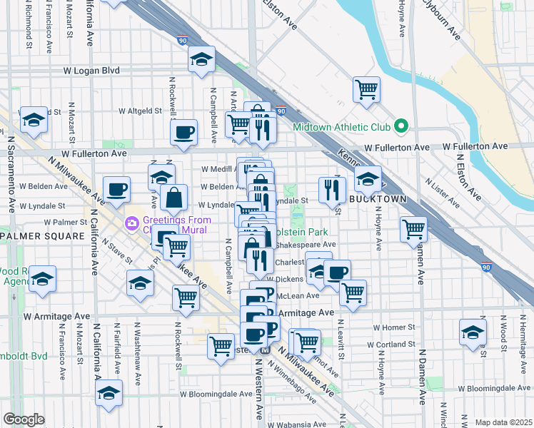 map of restaurants, bars, coffee shops, grocery stores, and more near 2346 West Palmer Street in Chicago