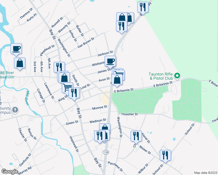 map of restaurants, bars, coffee shops, grocery stores, and more near 15 Oxford Street in Taunton
