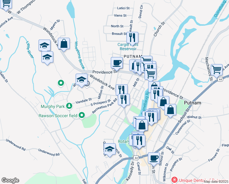 map of restaurants, bars, coffee shops, grocery stores, and more near 82 Woodstock Avenue in Putnam