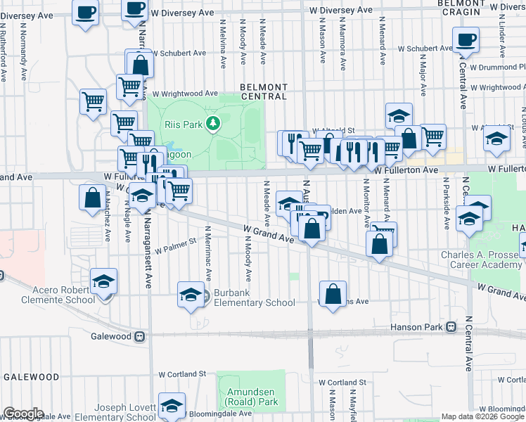 map of restaurants, bars, coffee shops, grocery stores, and more near 2264 North Meade Avenue in Chicago