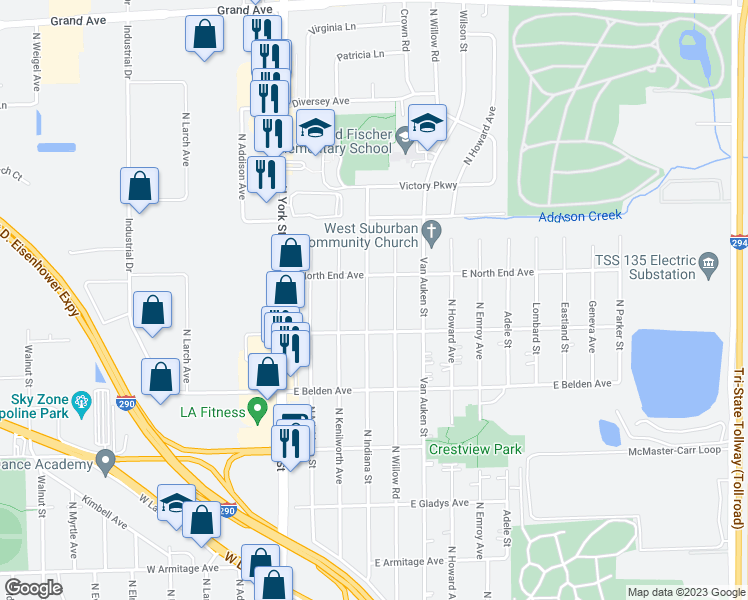 map of restaurants, bars, coffee shops, grocery stores, and more near 769 North Indiana Street in Elmhurst