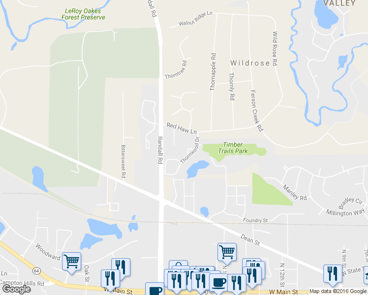 map of restaurants, bars, coffee shops, grocery stores, and more near 909 Thornwood Court in St. Charles