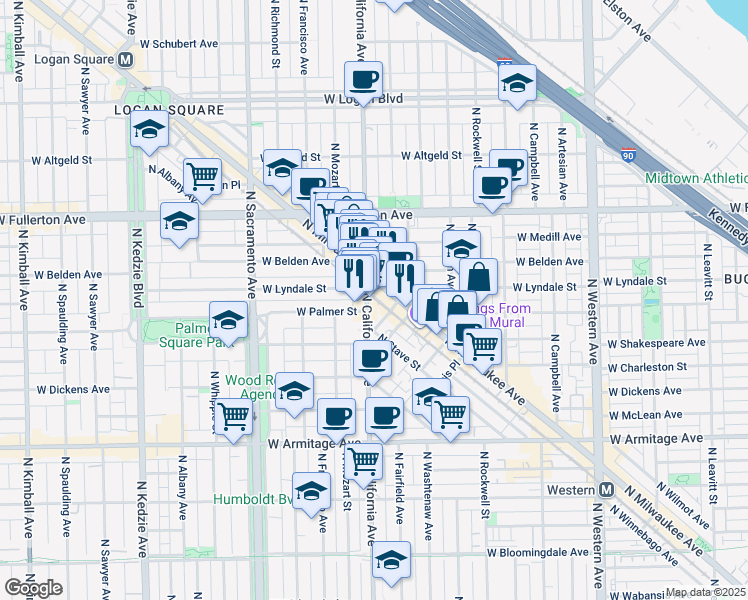 map of restaurants, bars, coffee shops, grocery stores, and more near 2204 North California Avenue in Chicago