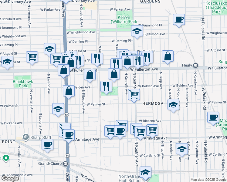 map of restaurants, bars, coffee shops, grocery stores, and more near 2240 North Kilbourn Avenue in Chicago