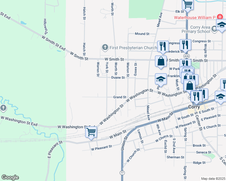 map of restaurants, bars, coffee shops, grocery stores, and more near 209-223 Worth St in Corry
