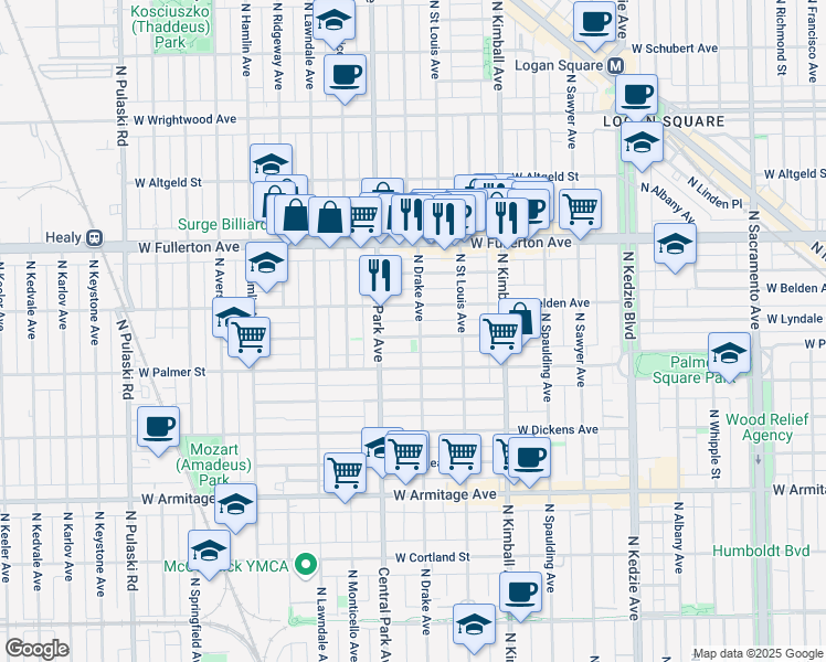 map of restaurants, bars, coffee shops, grocery stores, and more near 3546 West Lyndale Street in Chicago