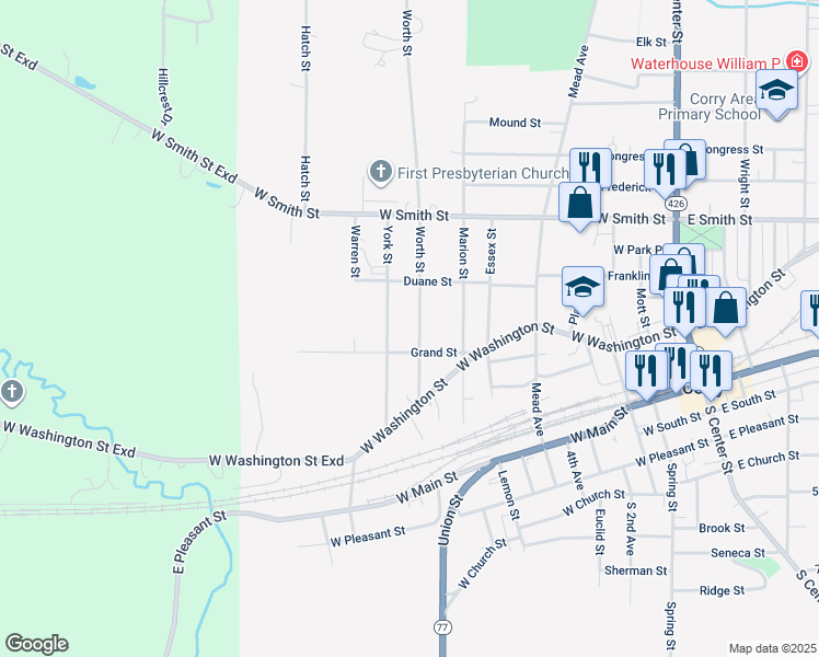 map of restaurants, bars, coffee shops, grocery stores, and more near 223 Worth St in Corry