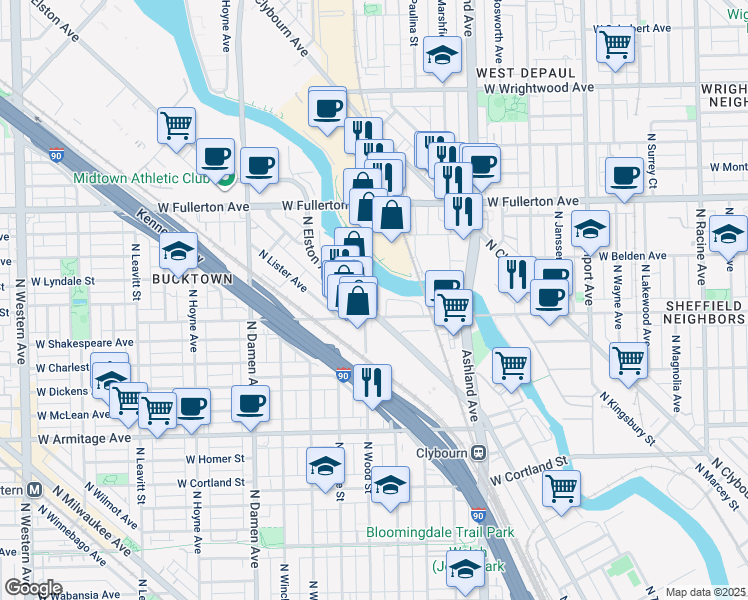 map of restaurants, bars, coffee shops, grocery stores, and more near 2211 North Elston Avenue in Chicago