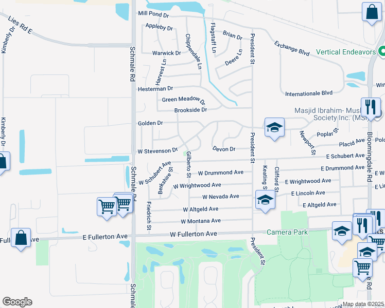 map of restaurants, bars, coffee shops, grocery stores, and more near 1737 Gilberto Street in Glendale Heights