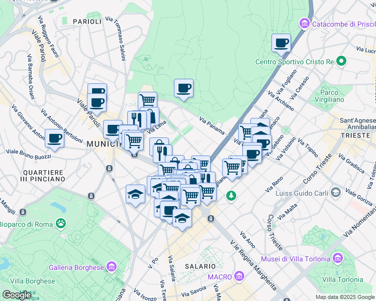 map of restaurants, bars, coffee shops, grocery stores, and more near 15 Via Lovanio in Roma