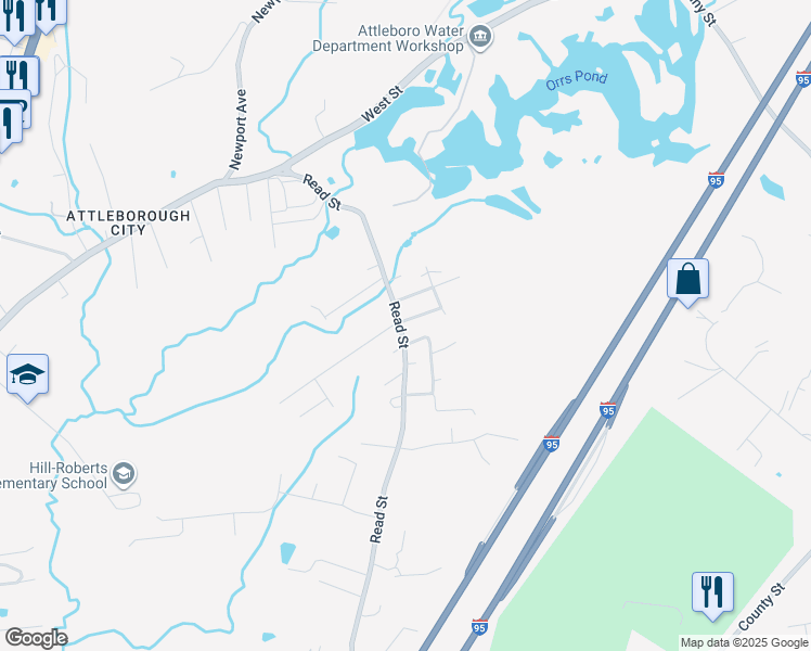 map of restaurants, bars, coffee shops, grocery stores, and more near 176 Read Street in Attleboro