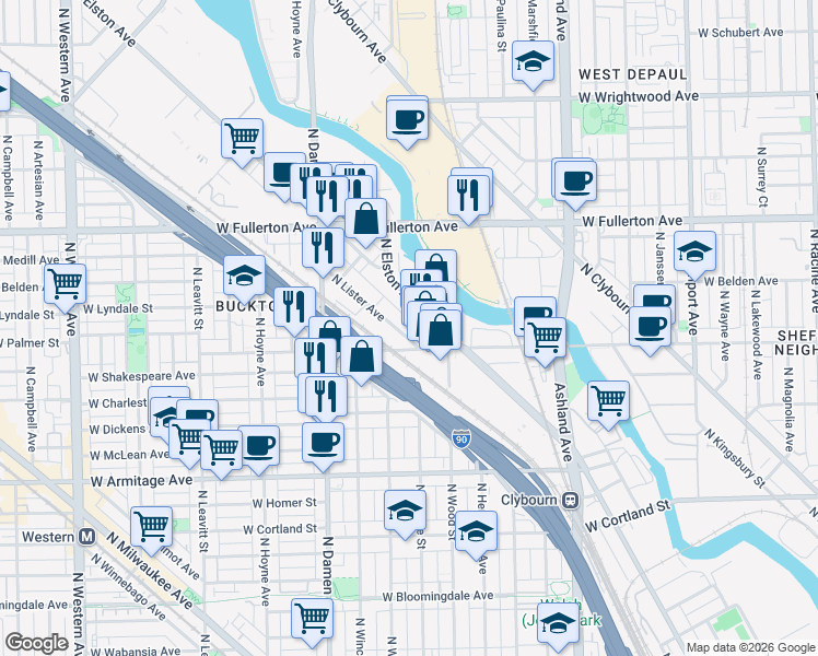 map of restaurants, bars, coffee shops, grocery stores, and more near 2244 North Lister Avenue in Chicago
