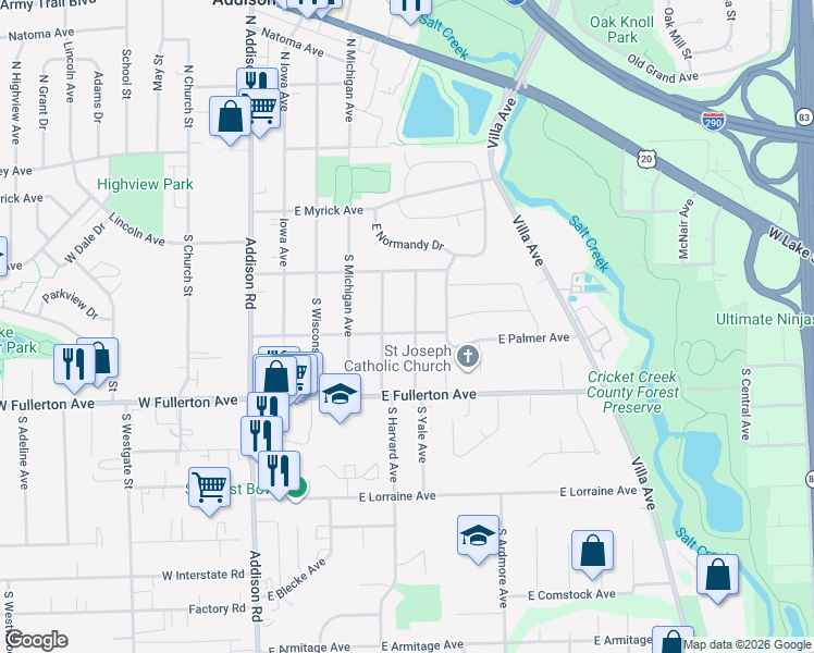 map of restaurants, bars, coffee shops, grocery stores, and more near 244 South Yale Avenue in Addison