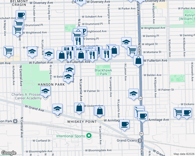 map of restaurants, bars, coffee shops, grocery stores, and more near 2253 North Leclaire Avenue in Chicago