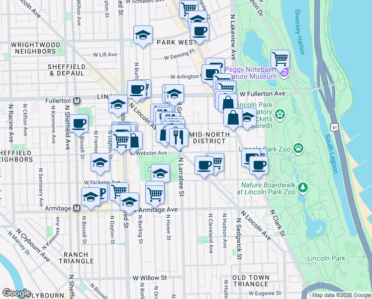 map of restaurants, bars, coffee shops, grocery stores, and more near 558 West Webster Avenue in Chicago