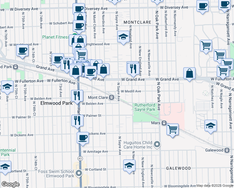 map of restaurants, bars, coffee shops, grocery stores, and more near 7001 West Medill Avenue in Chicago